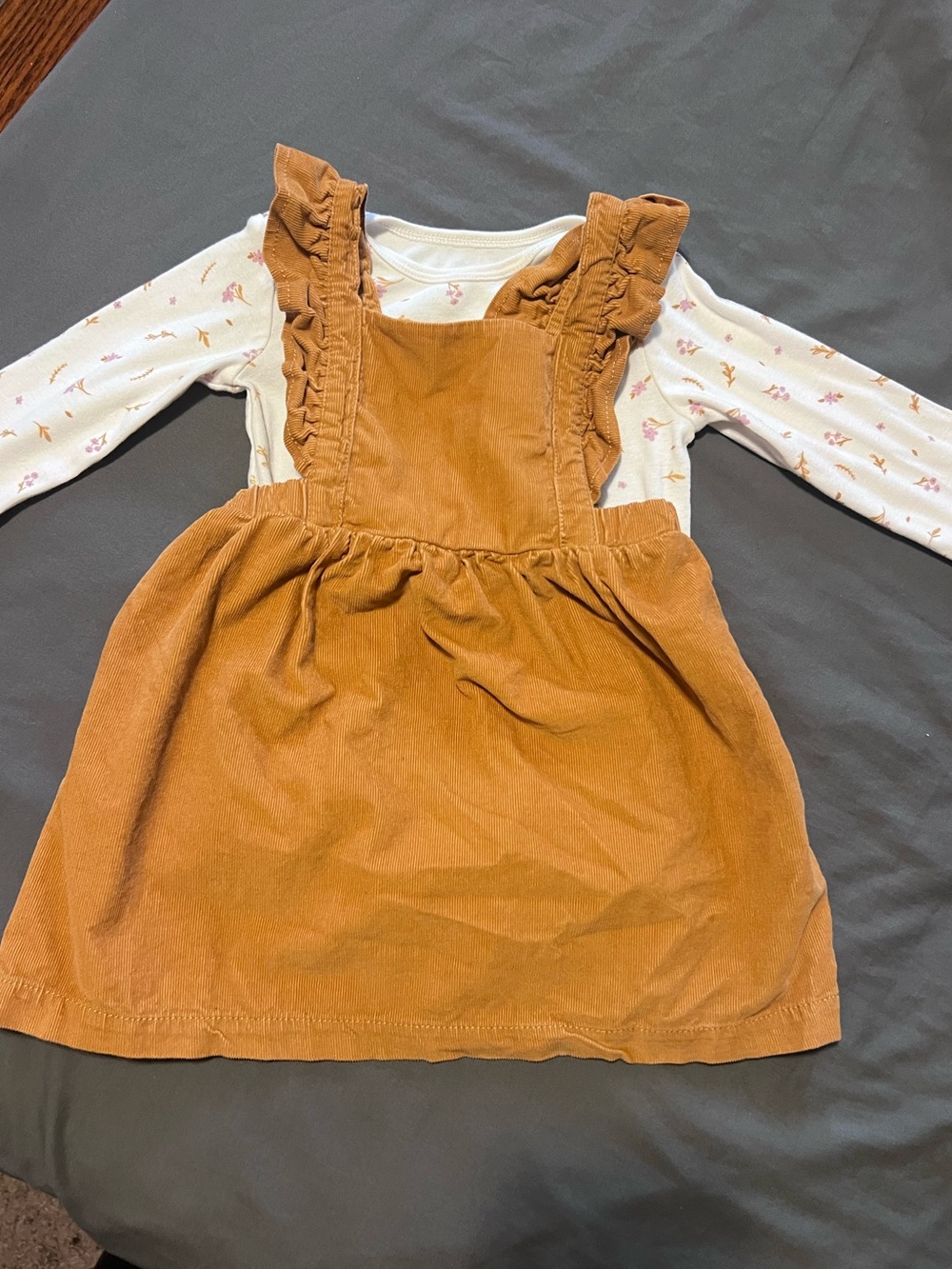 Carter's Tan Ruffle Strap Corduroy Pinafore with Floral Onesie